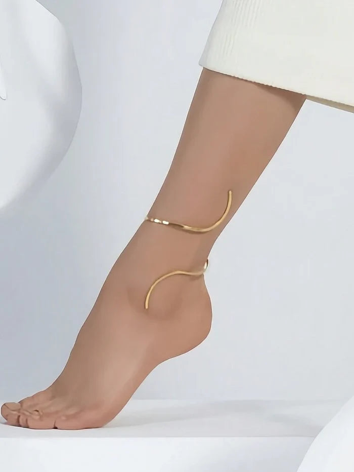 Minimalist Wave Open Anklet – Gold Tone Statement Foot Jewelry for Women