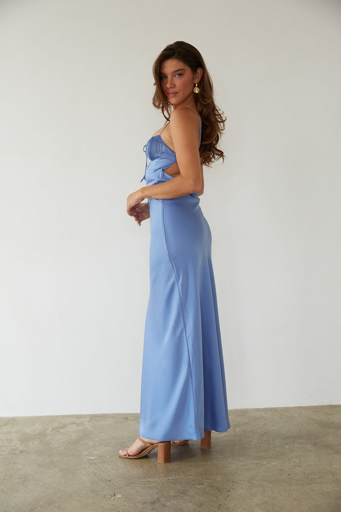 side view |  chambray blue satin maxi dress with pleated bust and keyhole cutout