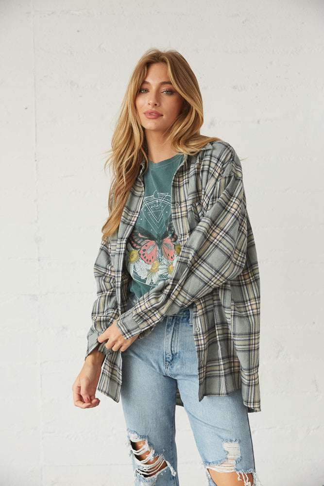 front view of sage flannel shirt