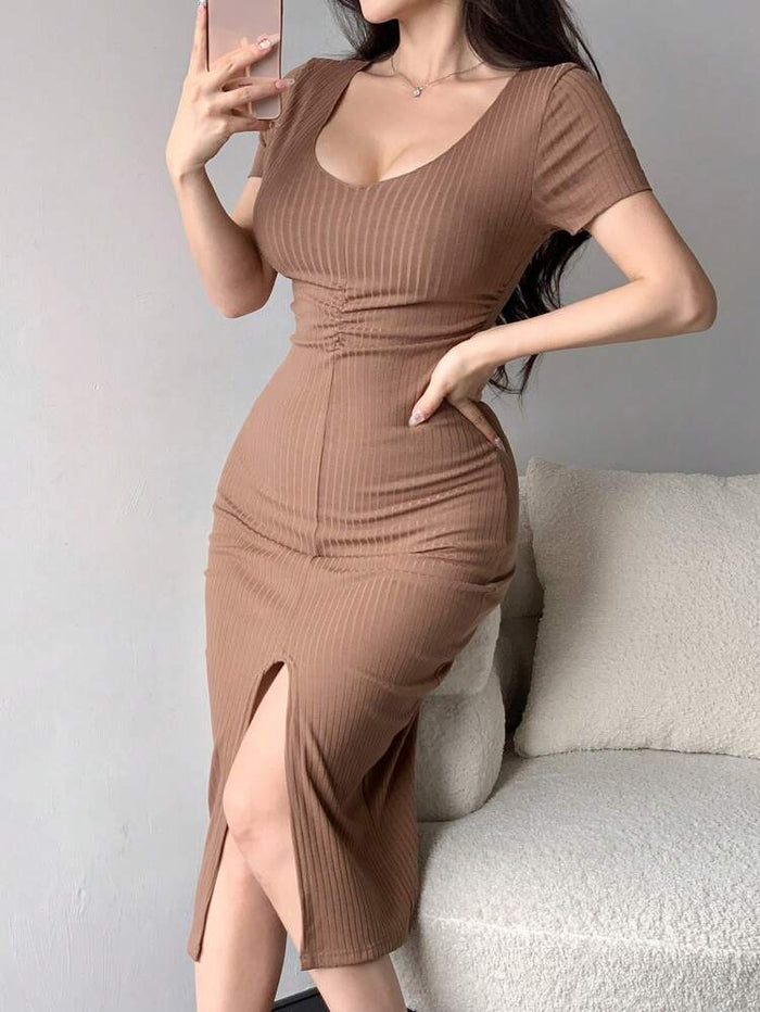 Mocha Ribbed Ruched Bodycon Midi Dress – Short Sleeve Front Slit Casual Elegant Dress for Women