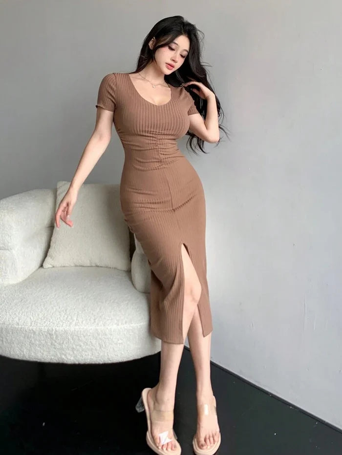 Mocha Ribbed Ruched Bodycon Midi Dress – Short Sleeve Front Slit Casual Elegant Dress for Women