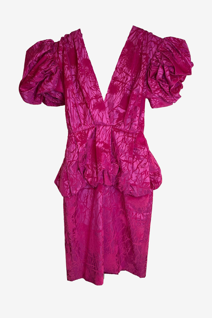 Mr K. Hot Pink Puff Sleeve Midi Dress
