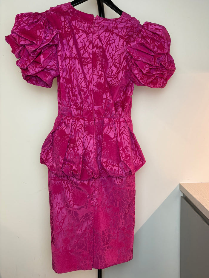 Mr K. Hot Pink Puff Sleeve Midi Dress