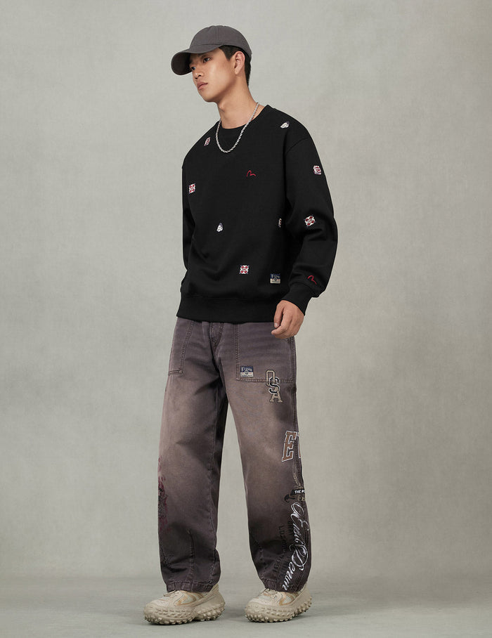Multi Logos Print Balloon Fit Washed Woven Pants