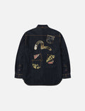 Multi-pocket and Barcode Seagull Embroidery Regular Fit Denim Shirt