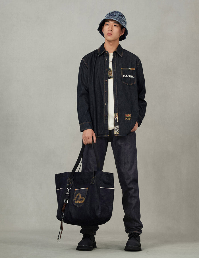 Multi-pocket and Barcode Seagull Embroidery Regular Fit Denim Shirt