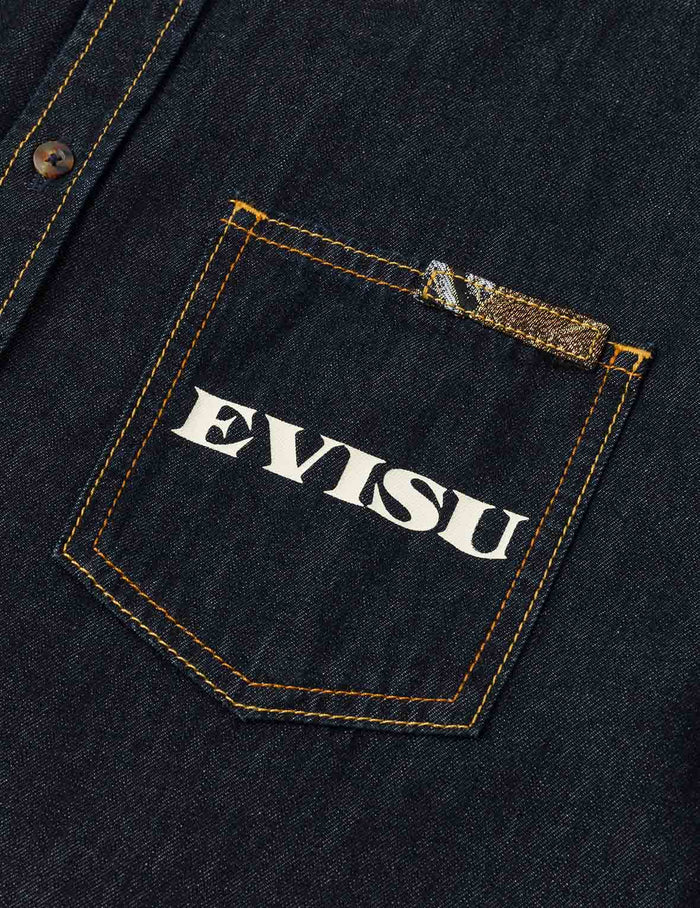 Multi-pocket and Barcode Seagull Embroidery Regular Fit Denim Shirt
