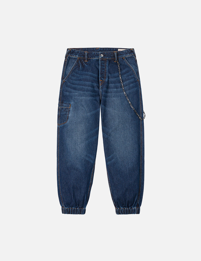 Multi-pocket and Seagull Crane Print Loose Fit Washed Denim Joggers