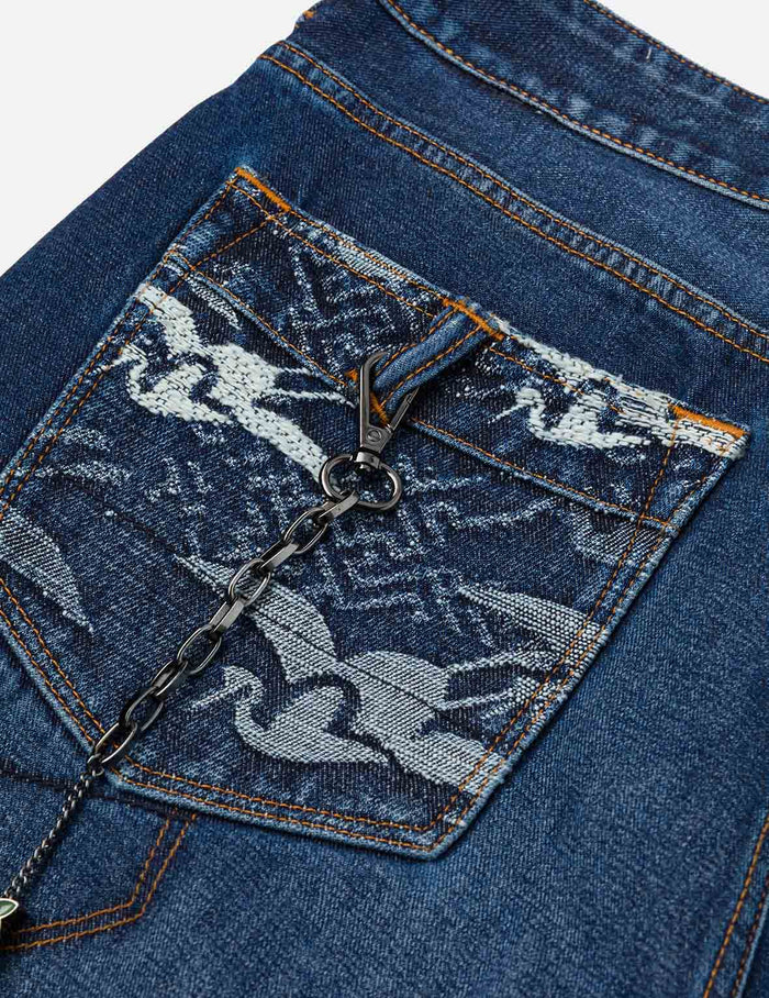 Multi-pocket and Seagull Crane Print Loose Fit Washed Denim Joggers