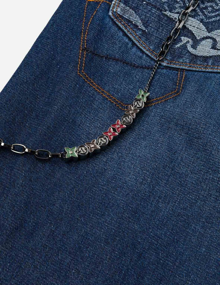 Multi-pocket and Seagull Crane Print Loose Fit Washed Denim Joggers