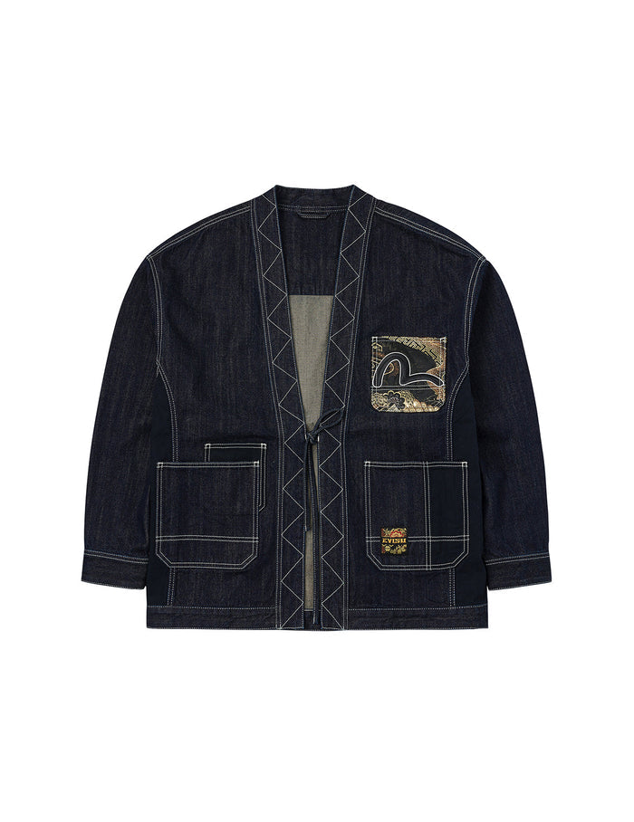 Multi-Pocket with Brocade Patch Relax Fit Denim Kimono