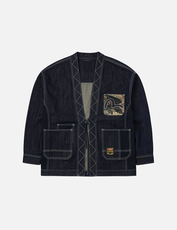 Multi-Pocket with Brocade Patch Relax Fit Denim Kimono