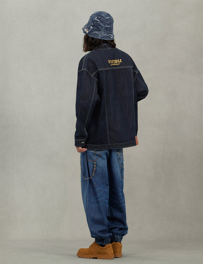 Multi-Pocket with Brocade Patch Relax Fit Denim Kimono