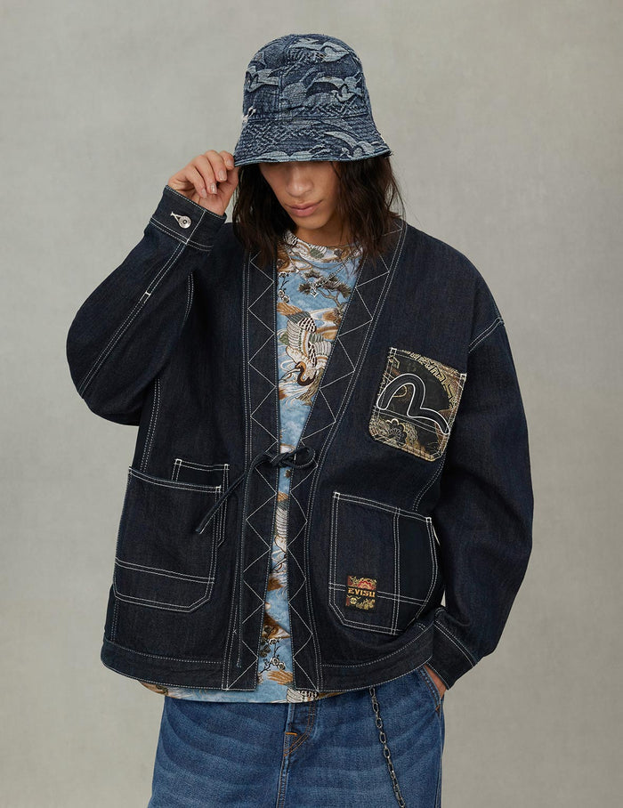 Multi-Pocket with Brocade Patch Relax Fit Denim Kimono