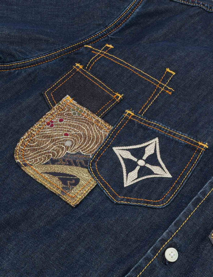 Multi-Pocket with Brocade Patch Relax Fit Denim Shirt