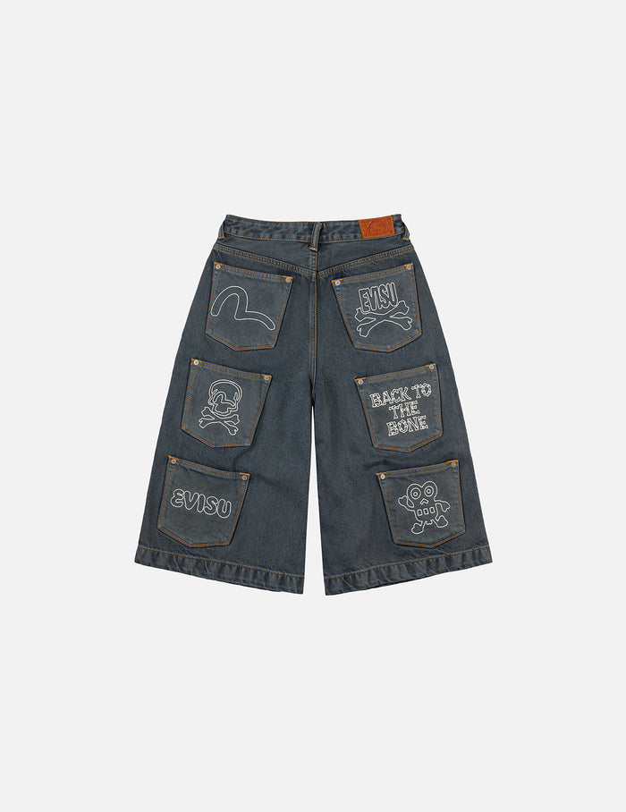 Multi-Pocket with Multi Logos Embroidery Cropped Jeans