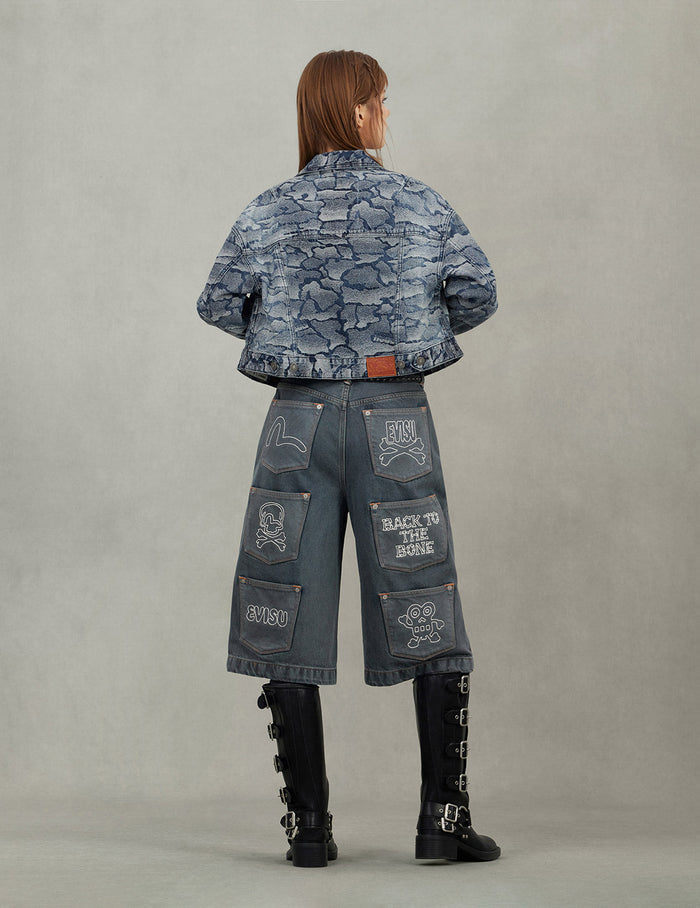 Multi-Pocket with Multi Logos Embroidery Cropped Jeans