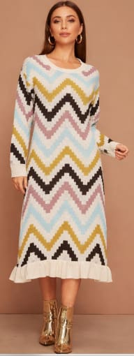 Multicolor Chevron Knit Midi Dress – Long Sleeve Ruffle Hem Sweater Dress for Women