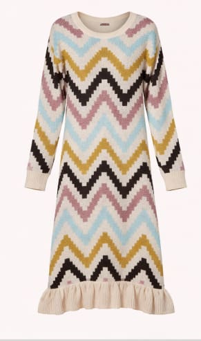 Multicolor Chevron Knit Midi Dress – Long Sleeve Ruffle Hem Sweater Dress for Women