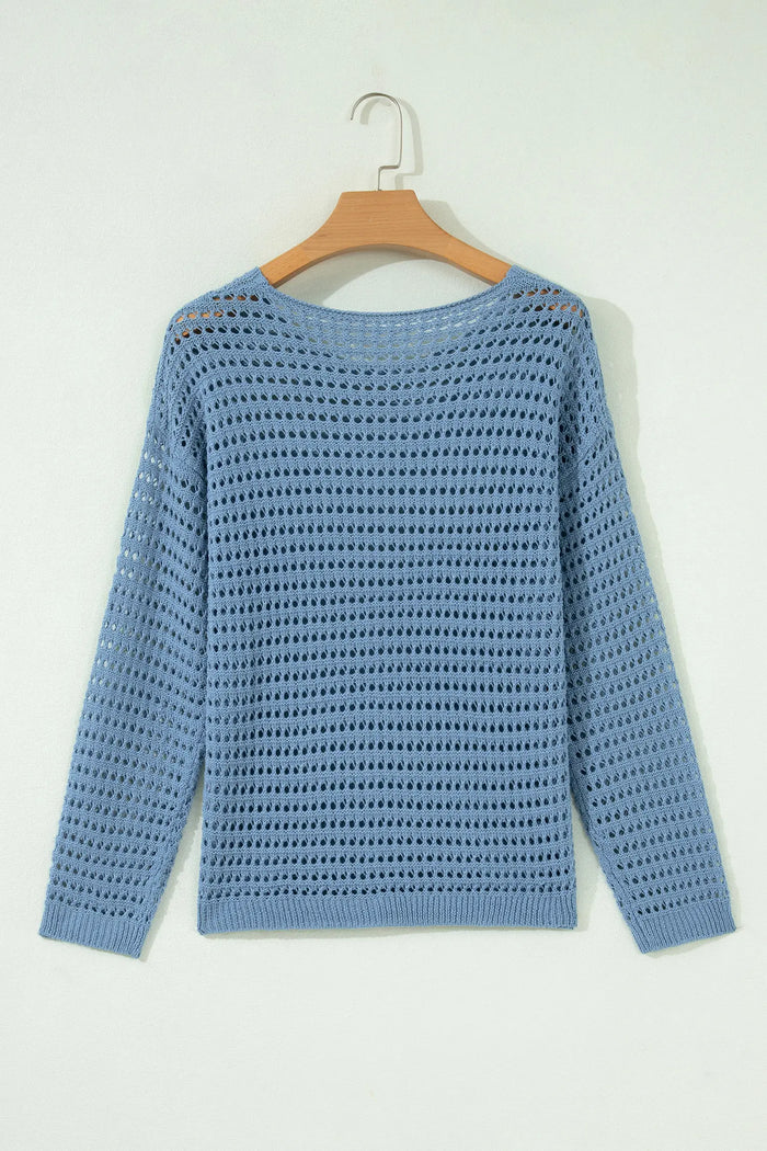 Myosotis Solid Color Hollow Out Knit Long Sleeve Crochet Sweater – Blue