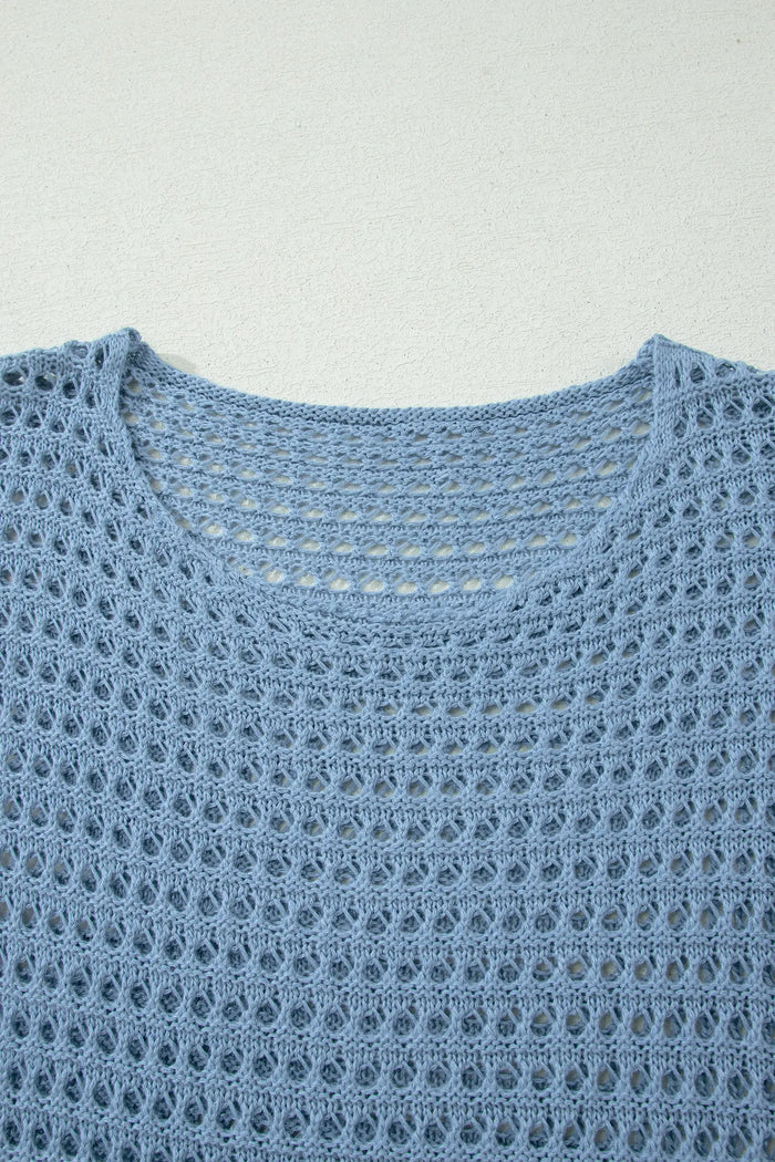 Myosotis Solid Color Hollow Out Knit Long Sleeve Crochet Sweater – Blue