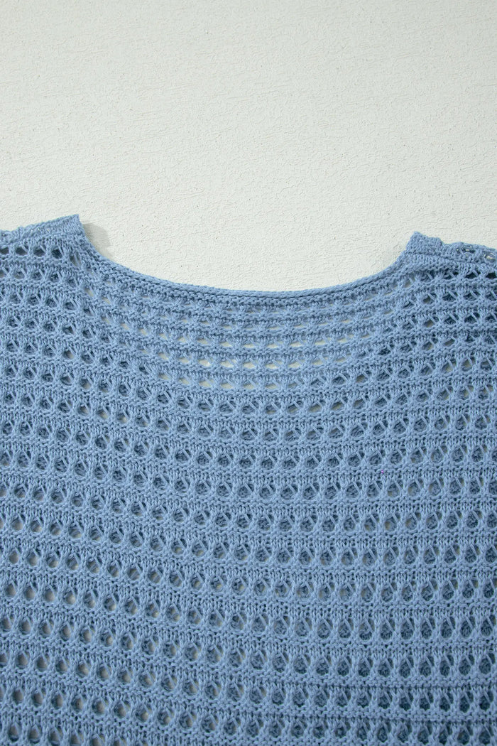 Myosotis Solid Color Hollow Out Knit Long Sleeve Crochet Sweater – Blue