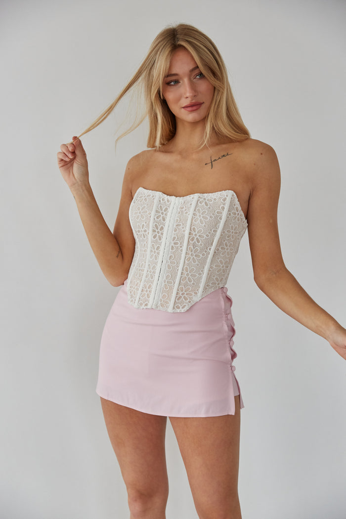 white strapless corset top - floral print hook and eye corset top - cute summer outfit inspo