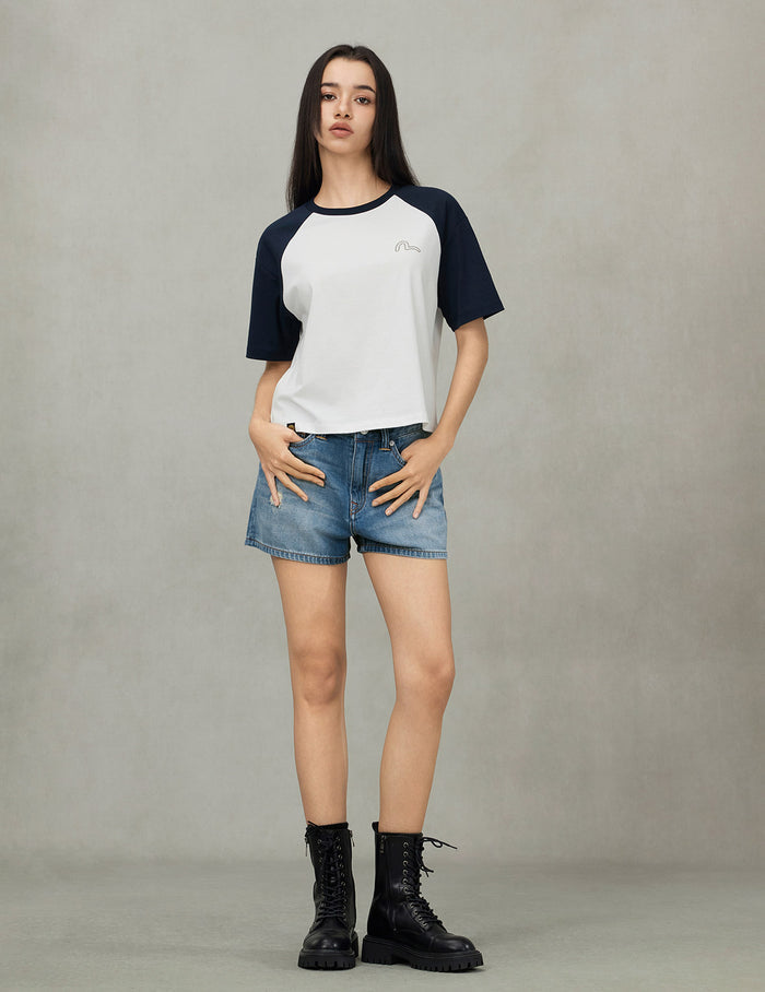 Nautical Theme Embroidery and Print Cropped Horn-sleeve T-Shirt