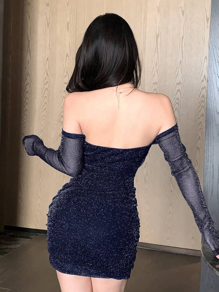 Navy Glitter Off Shoulder Bodycon Mini Dress – Long Sleeve Ruched Party Dress for Women
