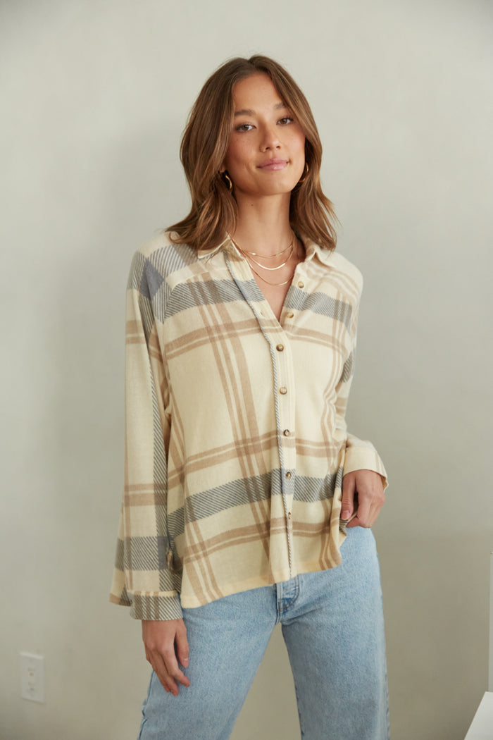 beige oversized button up plaid shirt