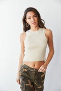 ribbed high neck top - ecru sleeveless knit top - neutral basic tops