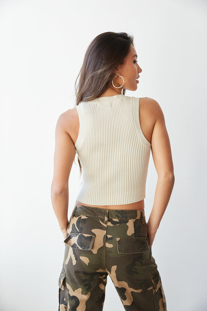 high neck sleeveless sweater - beige ribbed tank top - tan high neck basic tank