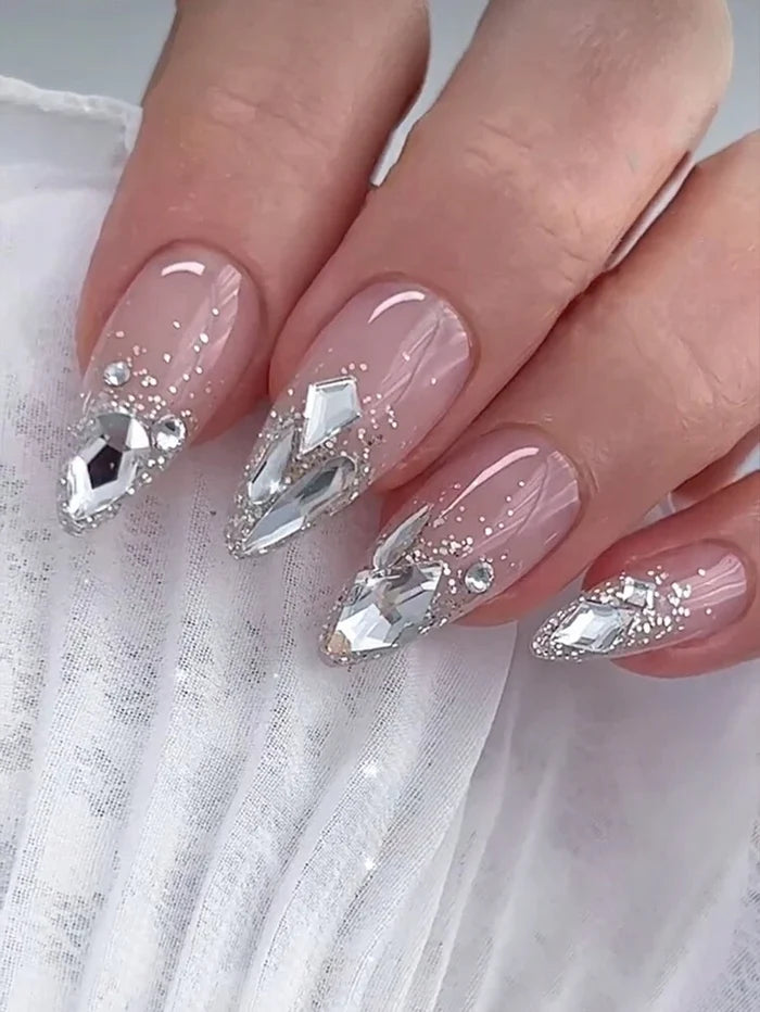 Nude Pink Press On Nails with Crystal Rhinestones â€“ Luxury Glitter Design