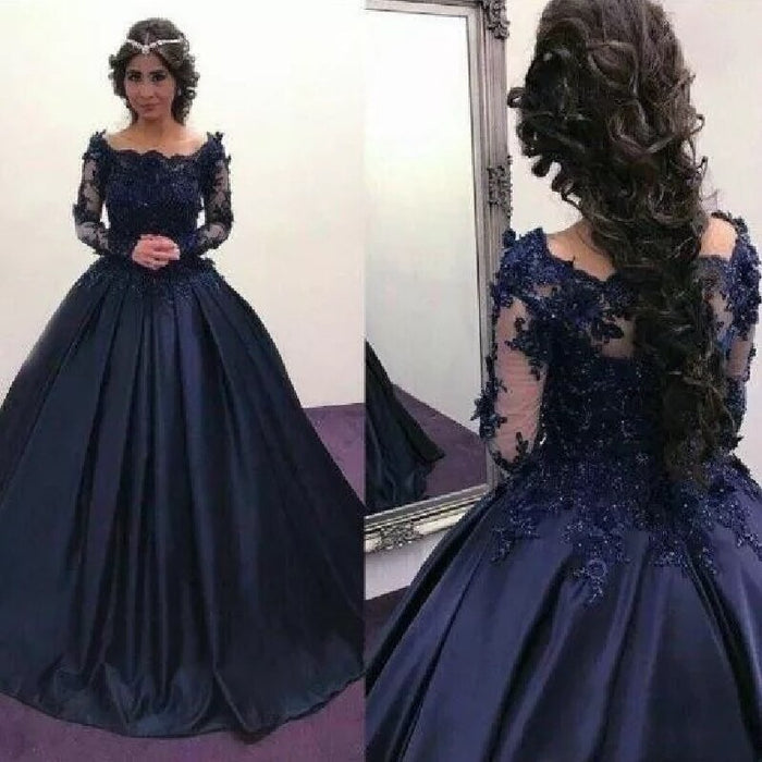 O-Neck Long Sleeve Lace Black And Navy Blue Quinceanera Dress - Envious Designs