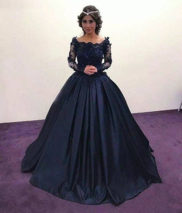O-Neck Long Sleeve Lace Black And Navy Blue Quinceanera Dress - Envious Designs