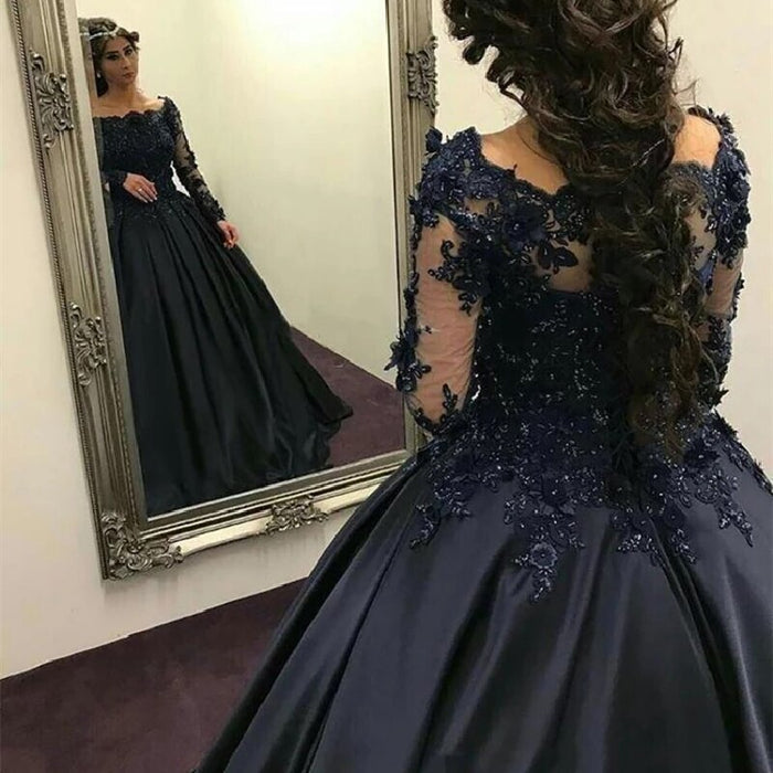 O-Neck Long Sleeve Lace Black And Navy Blue Quinceanera Dress - Envious Designs