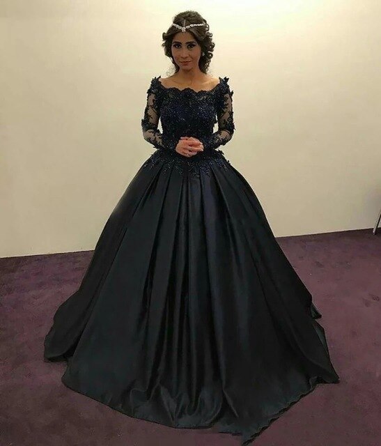 O-Neck Long Sleeve Lace Black And Navy Blue Quinceanera Dress - Envious Designs