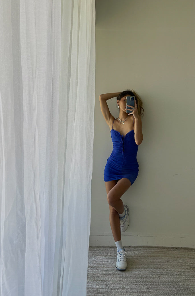 blue lace up front mesh mini dress - hoco dress - casual dress