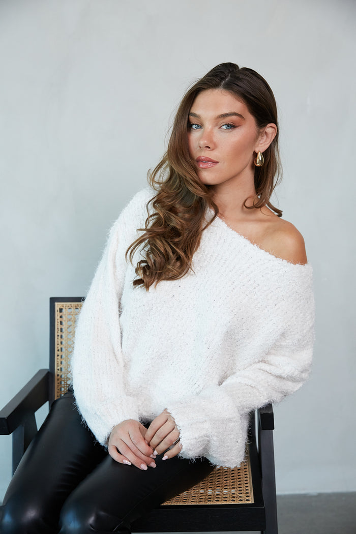 ivory-image | front-view | ivory plush popcorn knit off the shoulder sweater | off the shoulder sweater | knit sweater |winter 2024