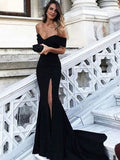 Off Shoulder Black Mermaid Prom Dress with Leg Slit, Black Mermaid Formal Dress, Black Mermaid Evening Dress