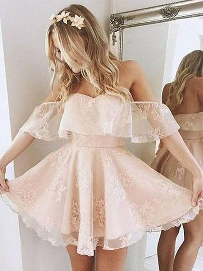 Off Shoulder Short Pink/Blue Lace Prom Dress, Short Pink/Blue Formal Dress, Homecoming Dress, Graduation Dress