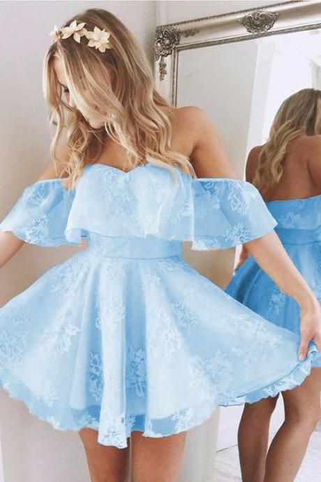 Off Shoulder Short Pink/Blue Lace Prom Dress, Short Pink/Blue Formal Dress, Homecoming Dress, Graduation Dress