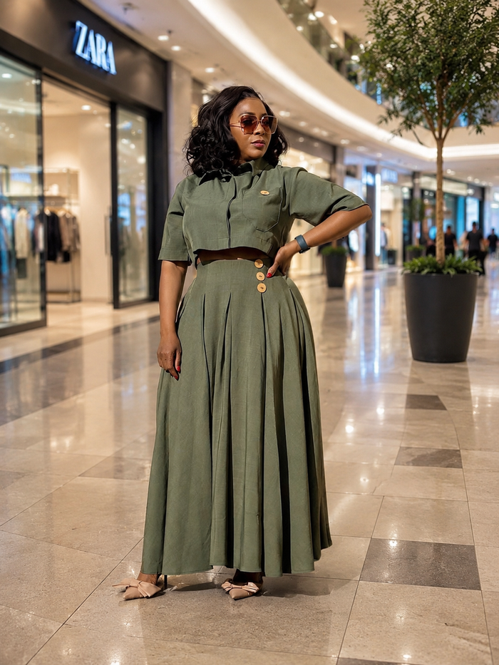 Olive Elegance Pleated 2-Piece Set