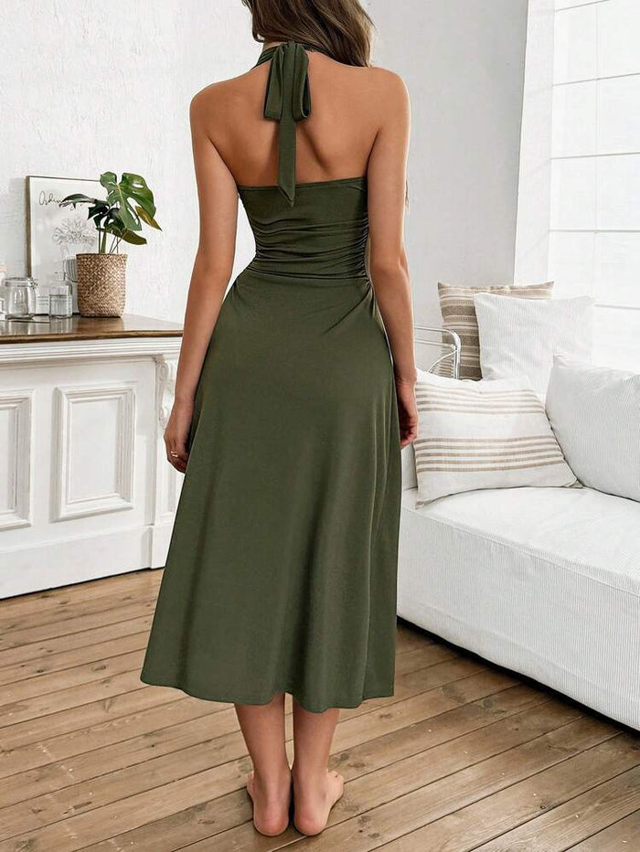 Olive Green Halter Neck Ribbed Midi Dress – Sleeveless Slim Fit Casual Dress for Women