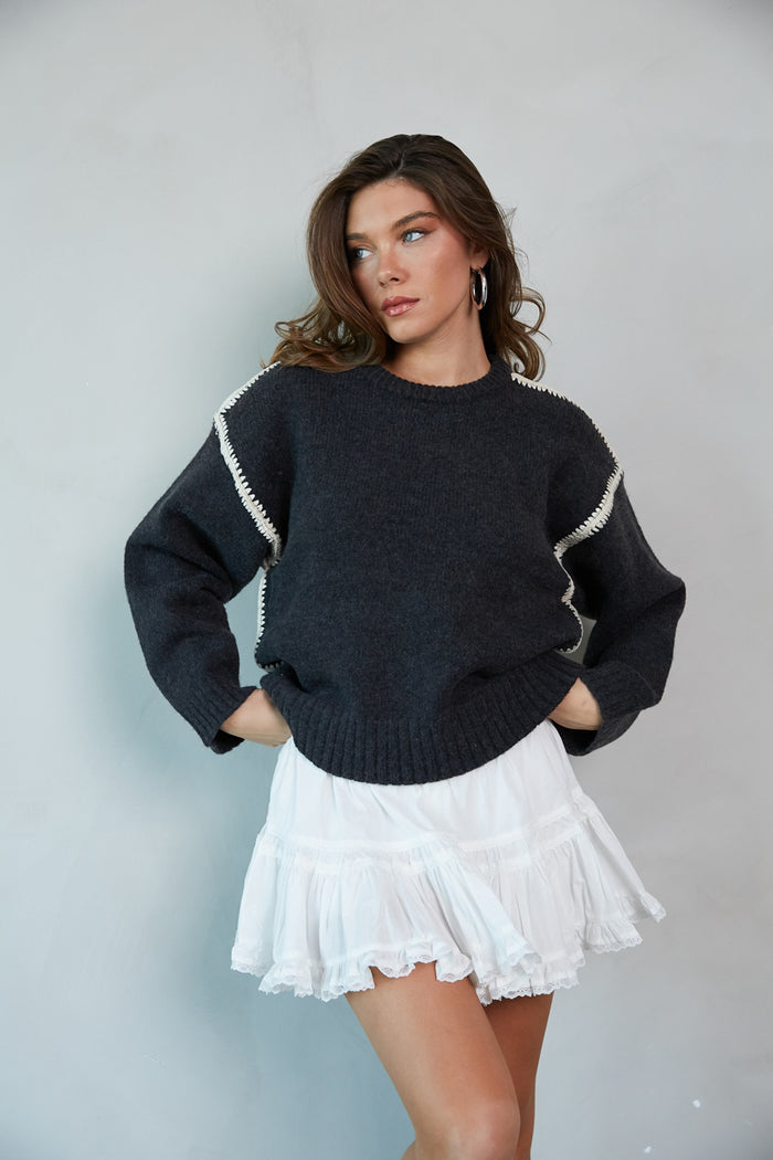 charcoal-image | front-image | soft oversized two toned charcoal and white seams knit sweater | oversized sweater | winter sweater | casual sweater