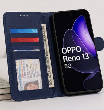 Oppo Reno 13 5G Wallet Case – Blue Leather Flip Cover with Card Holder & Stand