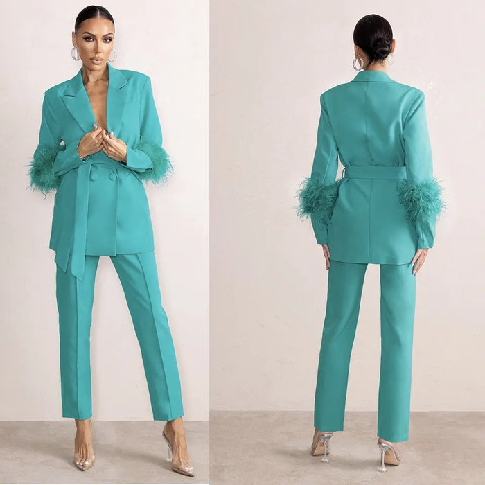 Ostrich Feather Mother of the Bride Pants Suits Women Suits Set  2 Pieces - Envious Designs