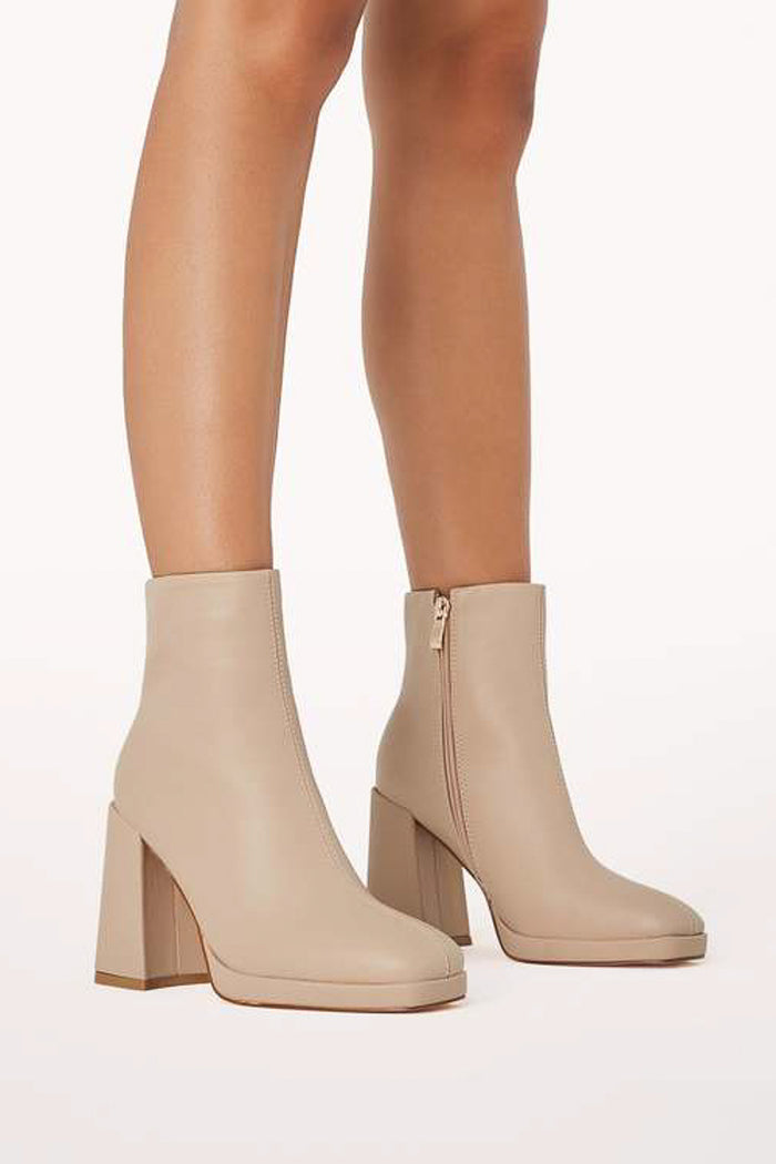 beige square toe block heel booties with side zipper - biscuit pamela bootie by billini