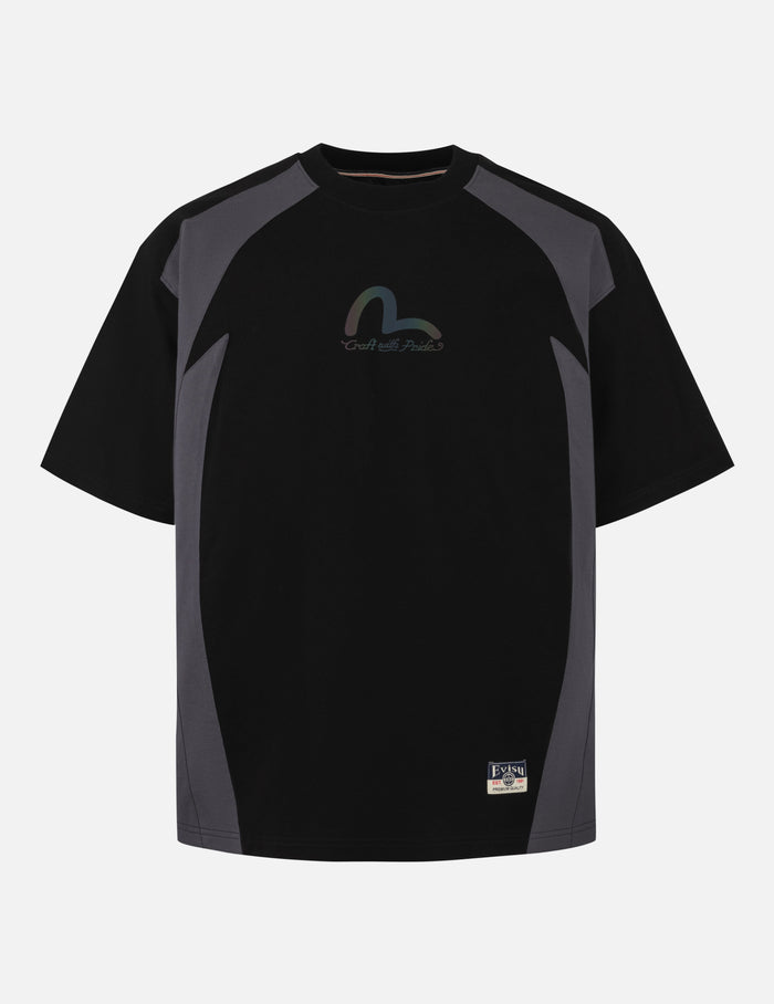 Panel Blocking with Colorful Logo Print Loose Fit T-Shirt