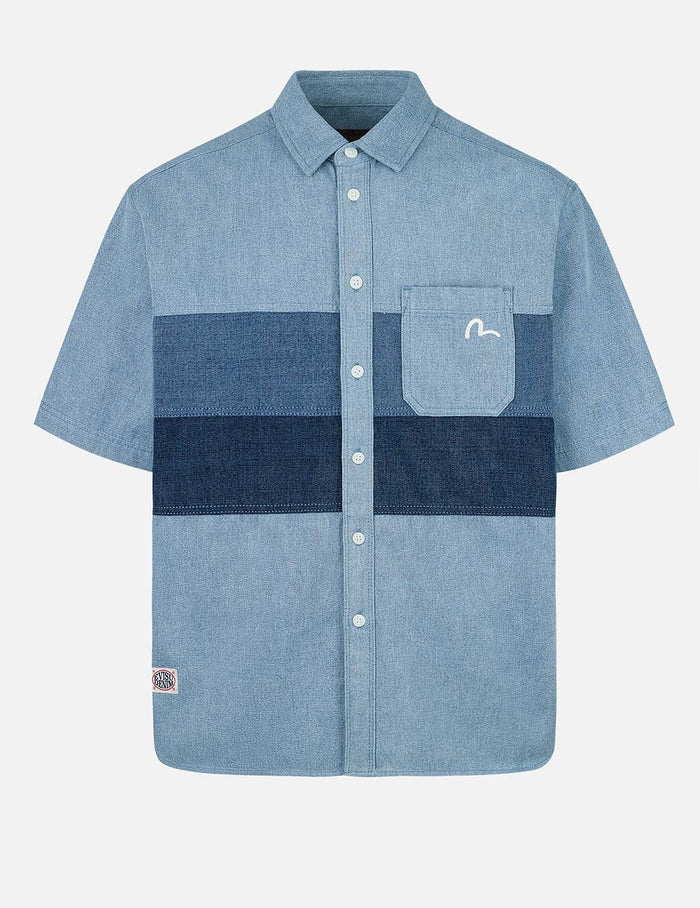 Panel Design Fashion Fit Denim Short-Sleeves Shirt
